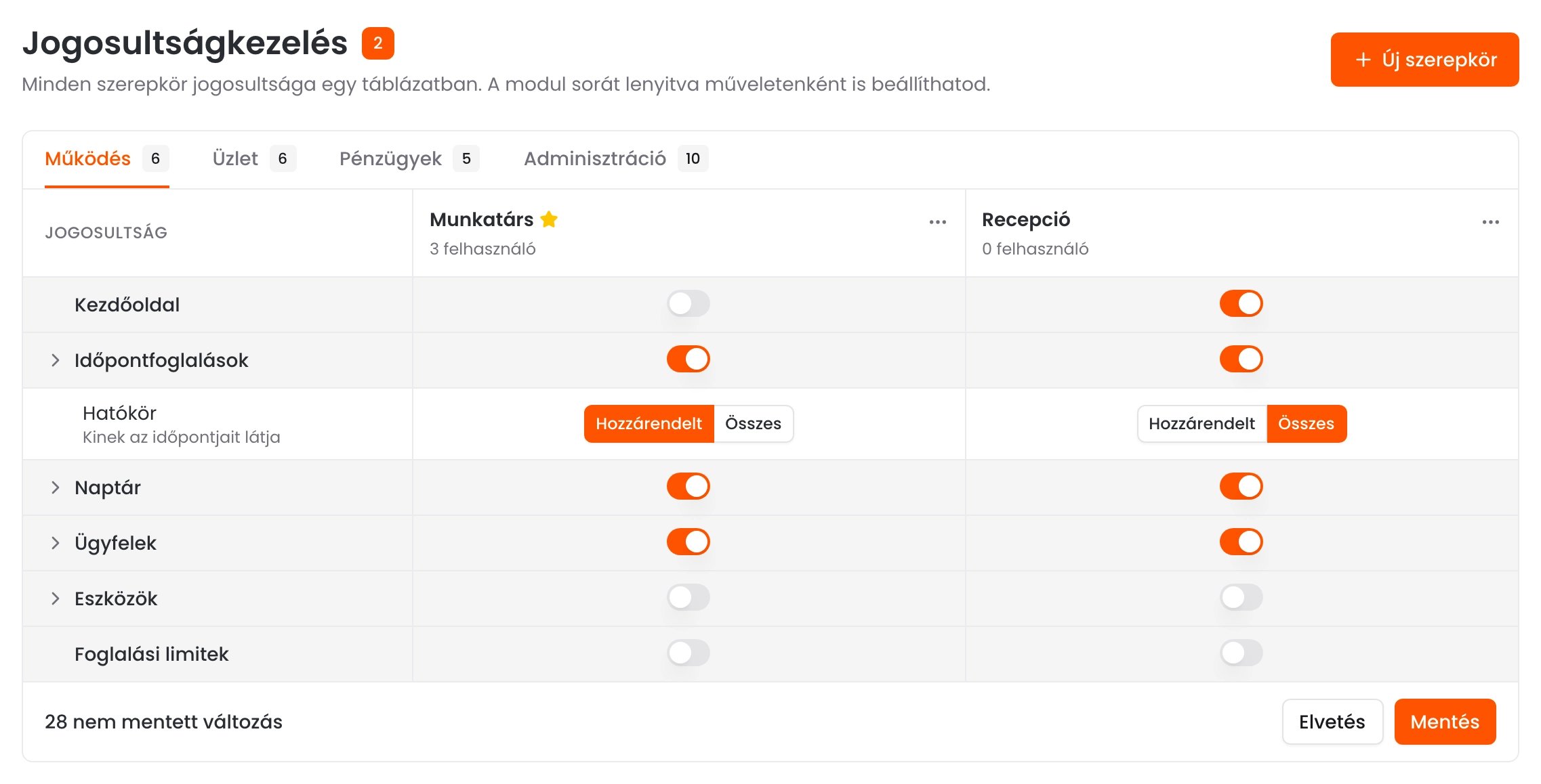 A Jogosultságkezelés oldal a Működés füllel, a Munkatárs és a Recepció szerepkör oszlopával és a modulonkénti kapcsolókkal