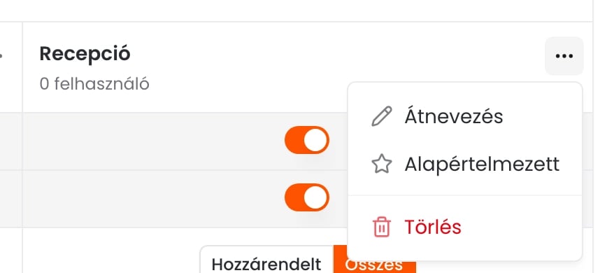 A Recepció szerepkör fejléce a megnyitott menüvel: Átnevezés, Alapértelmezett, Törlés