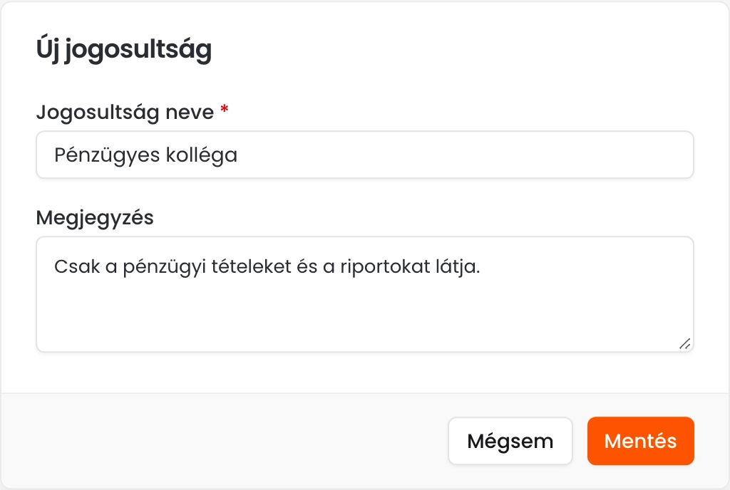 Az Új jogosultság ablak kitöltött névvel és megjegyzéssel