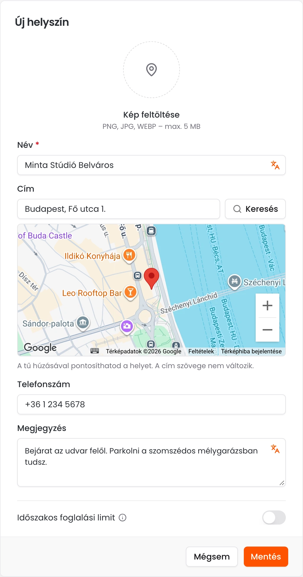 Az Új helyszín adatlap kitöltött névvel, címmel, térképpel, telefonszámmal és megjegyzéssel