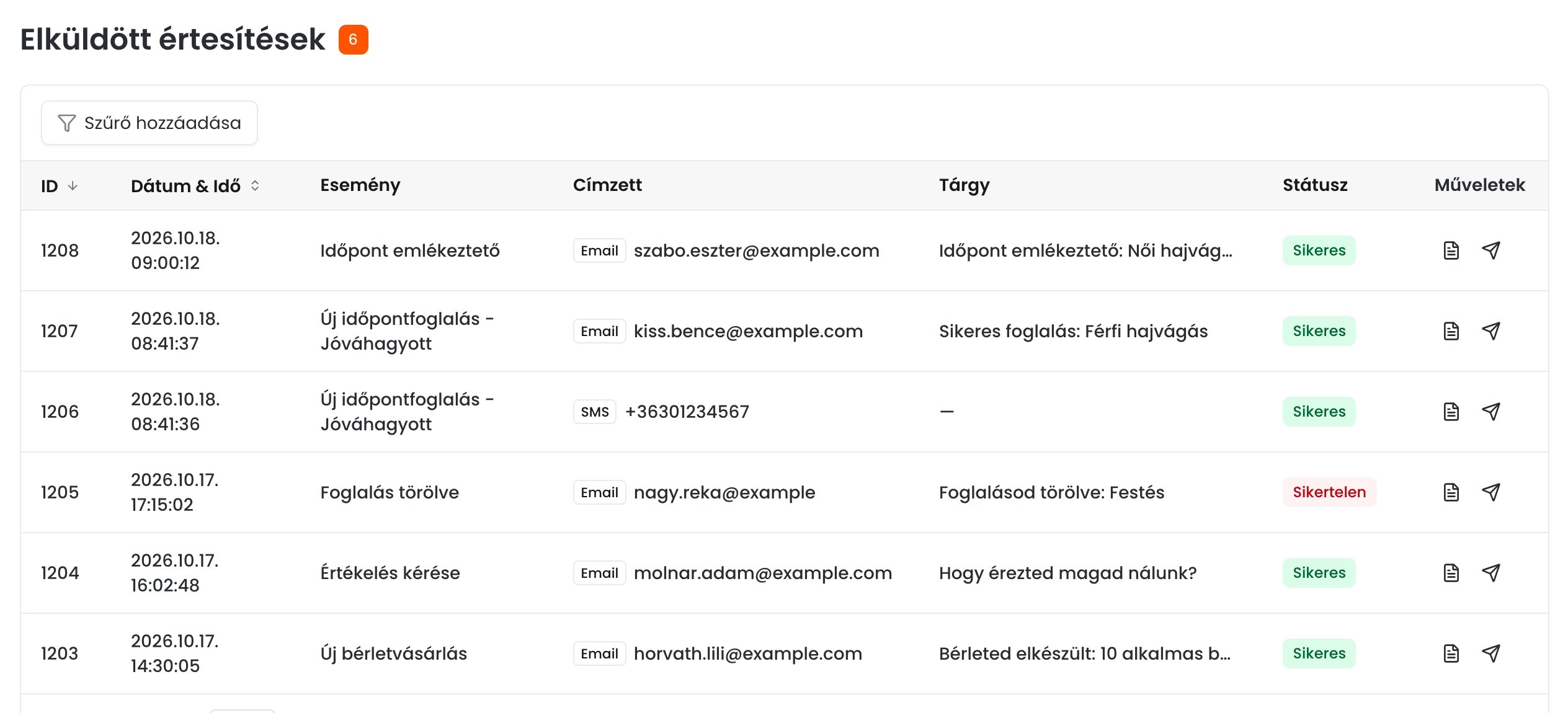 Az Elküldött értesítések lista e-mail és SMS értesítésekkel, a sikeres és egy sikertelen küldéssel, a sorok végén a részletek és az újraküldés ikonnal