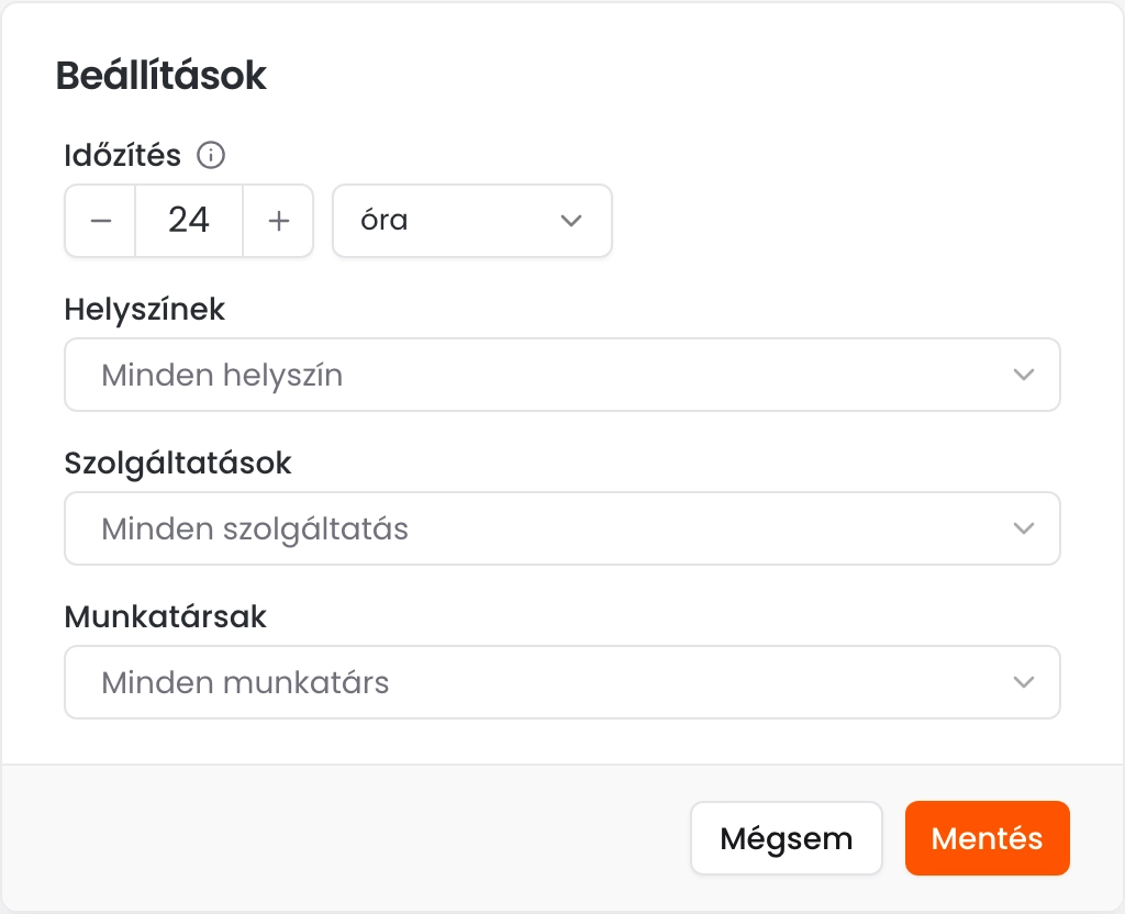 A Beállítások ablak 24 órás időzítéssel, valamint a Helyszínek, Szolgáltatások és Munkatársak szűrővel
