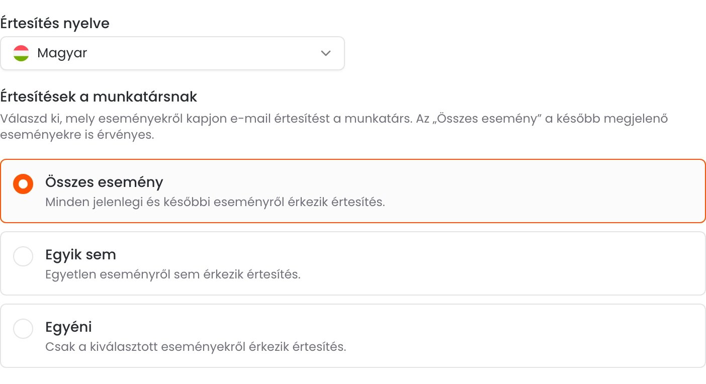 A munkatárs Értesítések fülén az értesítés nyelve, valamint az Összes esemény, Egyik sem és Egyéni lehetőség