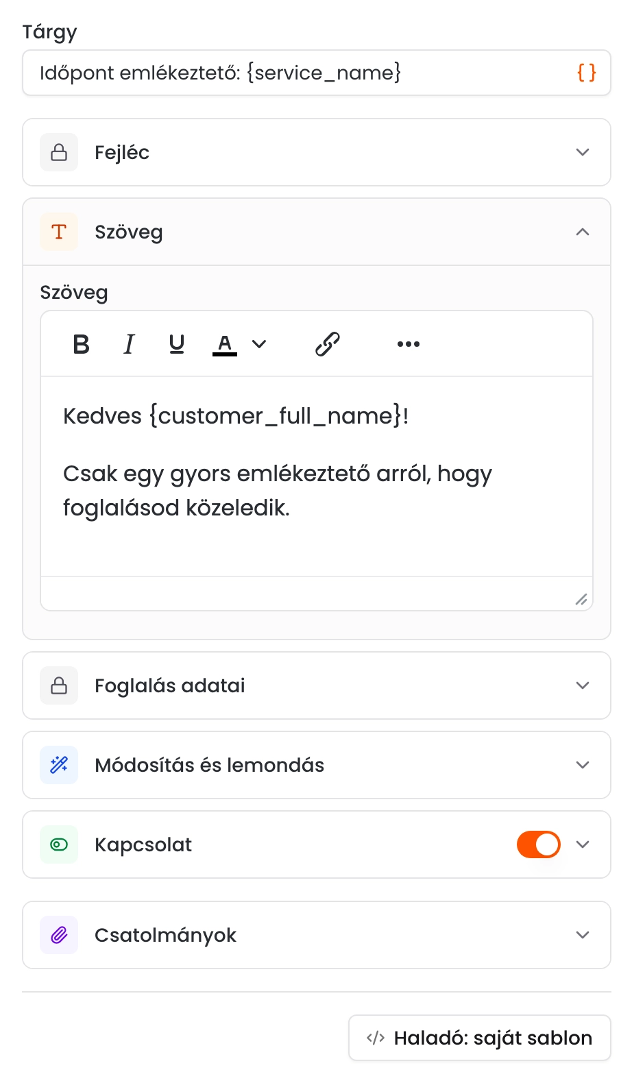 A levél blokkjai, a lenyitott Szöveg blokkban a formázó eszköztár és a megszólítást tartalmazó szöveg