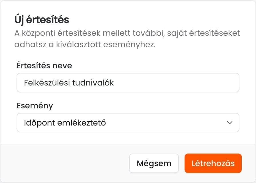 Az Új értesítés ablak a Felkészülési tudnivalók névvel és az Időpont emlékeztető eseménnyel