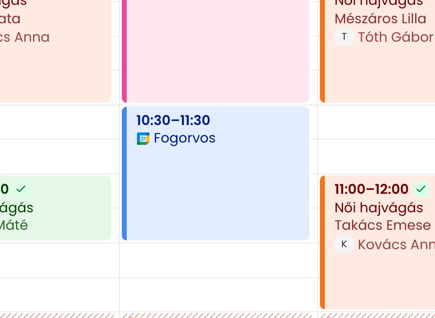 A heti naptár egy részlete, középen egy kék, Google Naptár ikonos Fogorvos esemény 10:30 és 11:30 között, mellette foglalások
