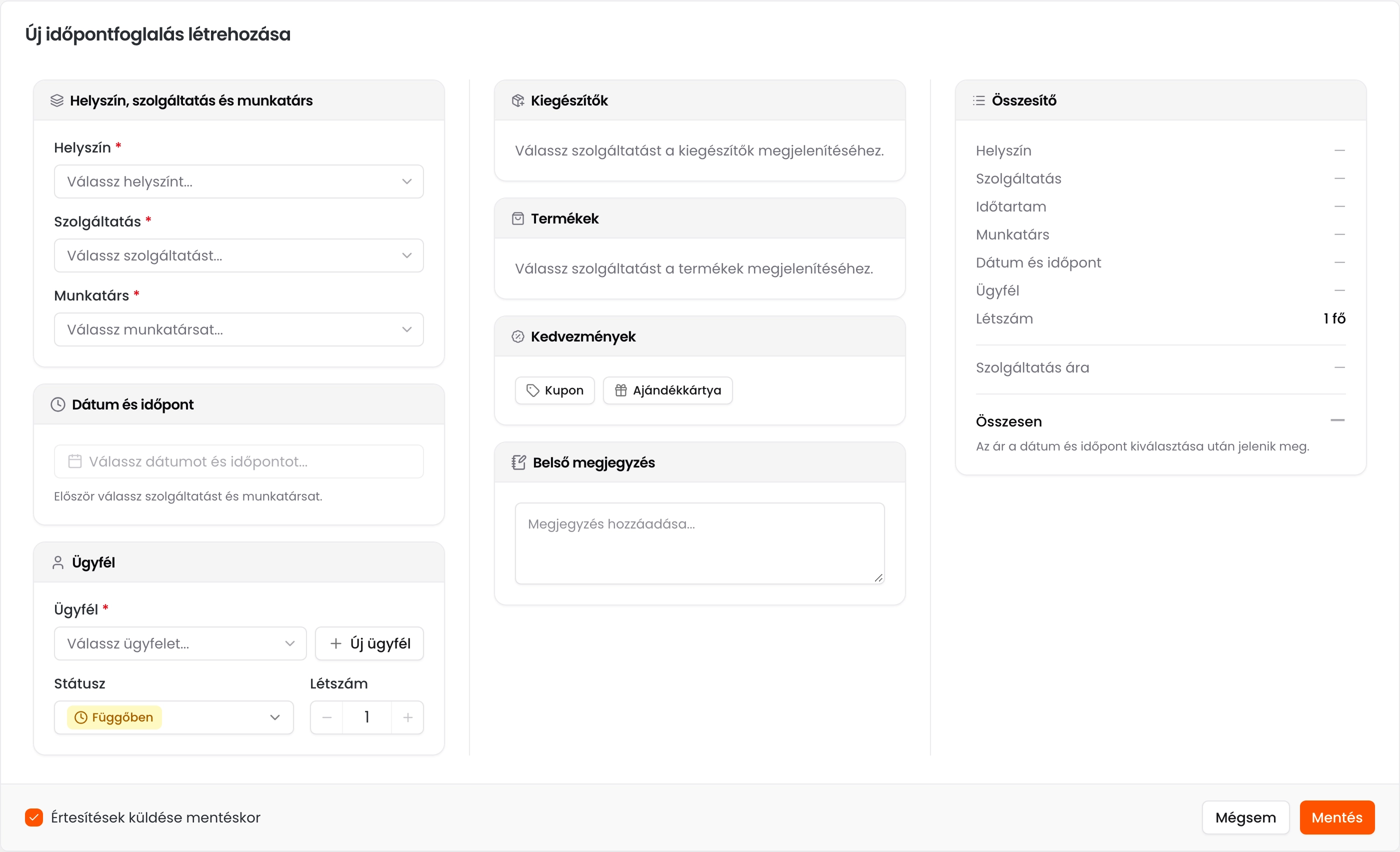 Az Új időpontfoglalás létrehozása ablak a helyszín, szolgáltatás, munkatárs, dátum és ügyfél mezőkkel, a kiegészítőkkel, termékekkel, kedvezményekkel és az összesítővel