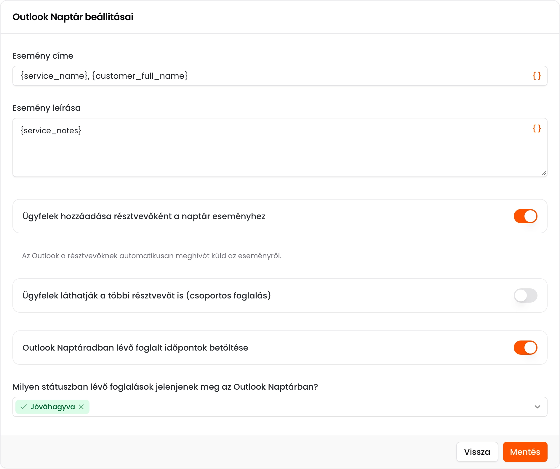 Az Outlook Naptár beállításai oldal az esemény címével, leírásával, a résztvevőkre vonatkozó kapcsolókkal, a foglalt időpontok betöltésével és a státuszok kiválasztásával