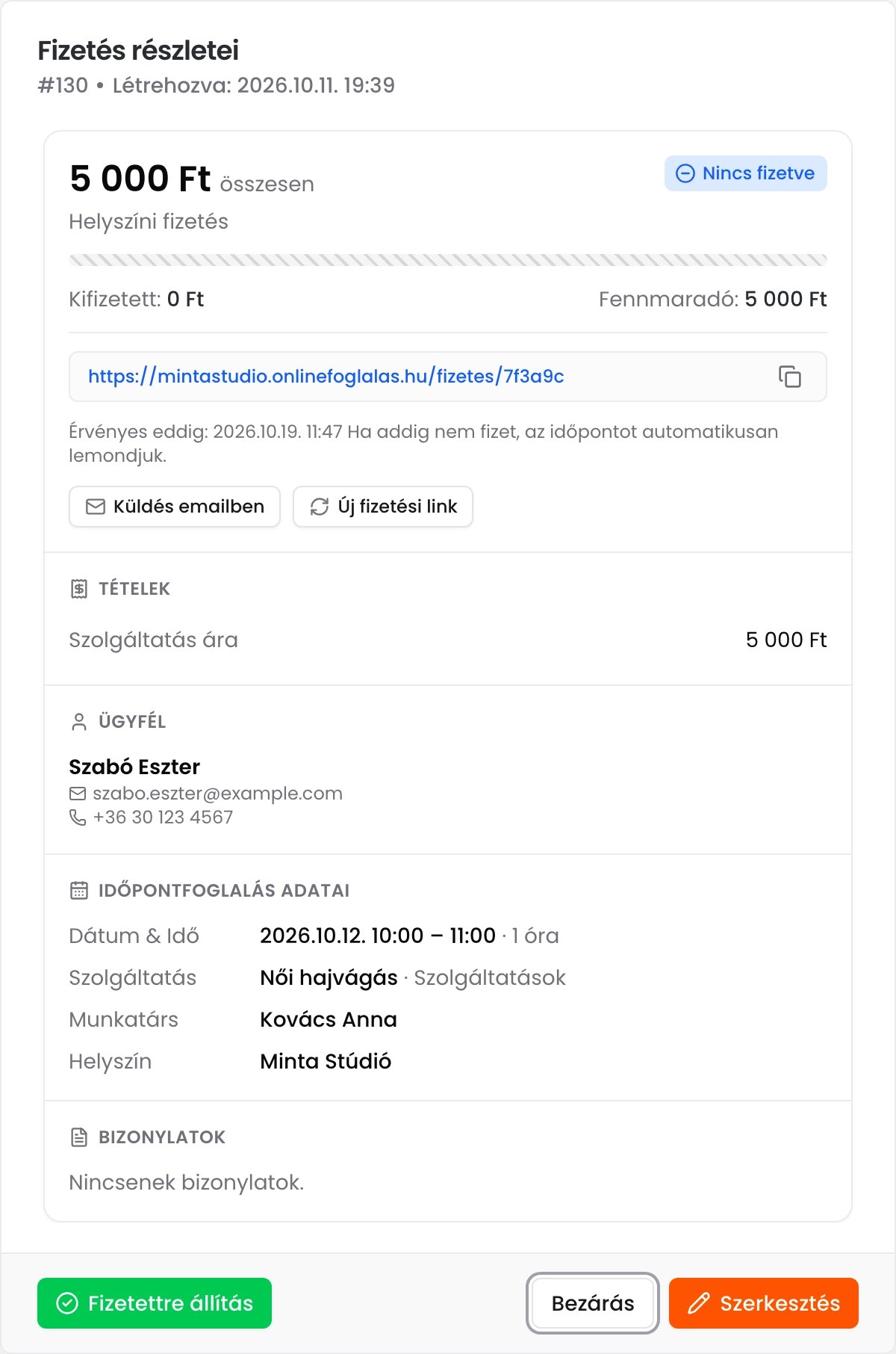 A Fizetés részletei ablak 5 000 Ft-os ki nem fizetett tétellel, a fizetési linkkel, az érvényességével, a tételekkel, az ügyfél és az időpont adataival