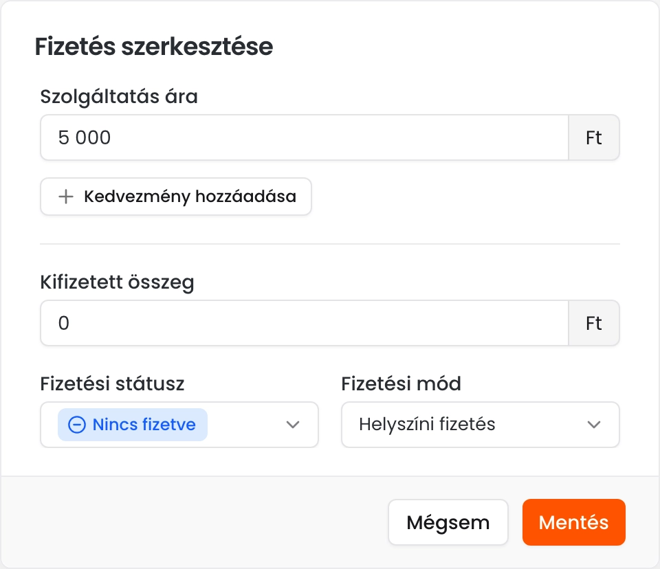 A Fizetés szerkesztése ablak a szolgáltatás árával, a Kedvezmény hozzáadása gombbal, a kifizetett összeggel, a fizetési státusszal és a fizetési móddal