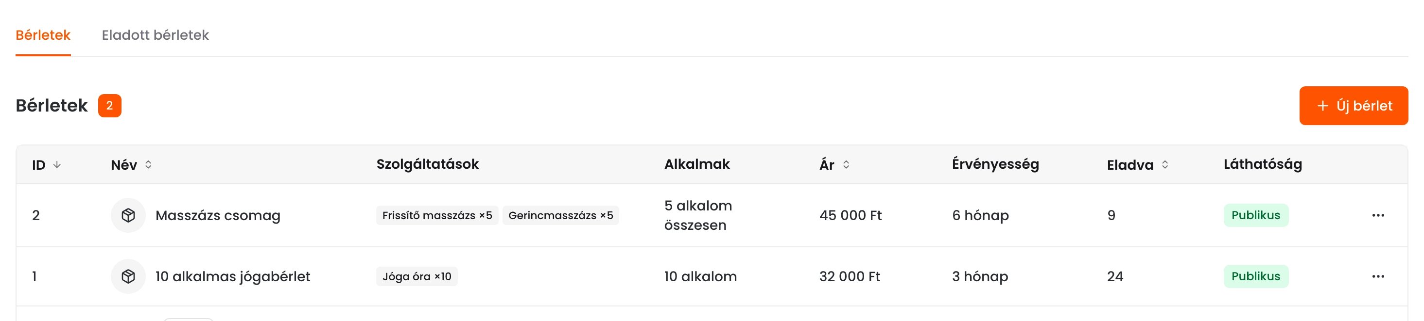 A Bérletek lista két bérlettel: a Masszázs csomag két szolgáltatással és 5 alkalmas összesített kerettel, valamint a 10 alkalmas jógabérlet