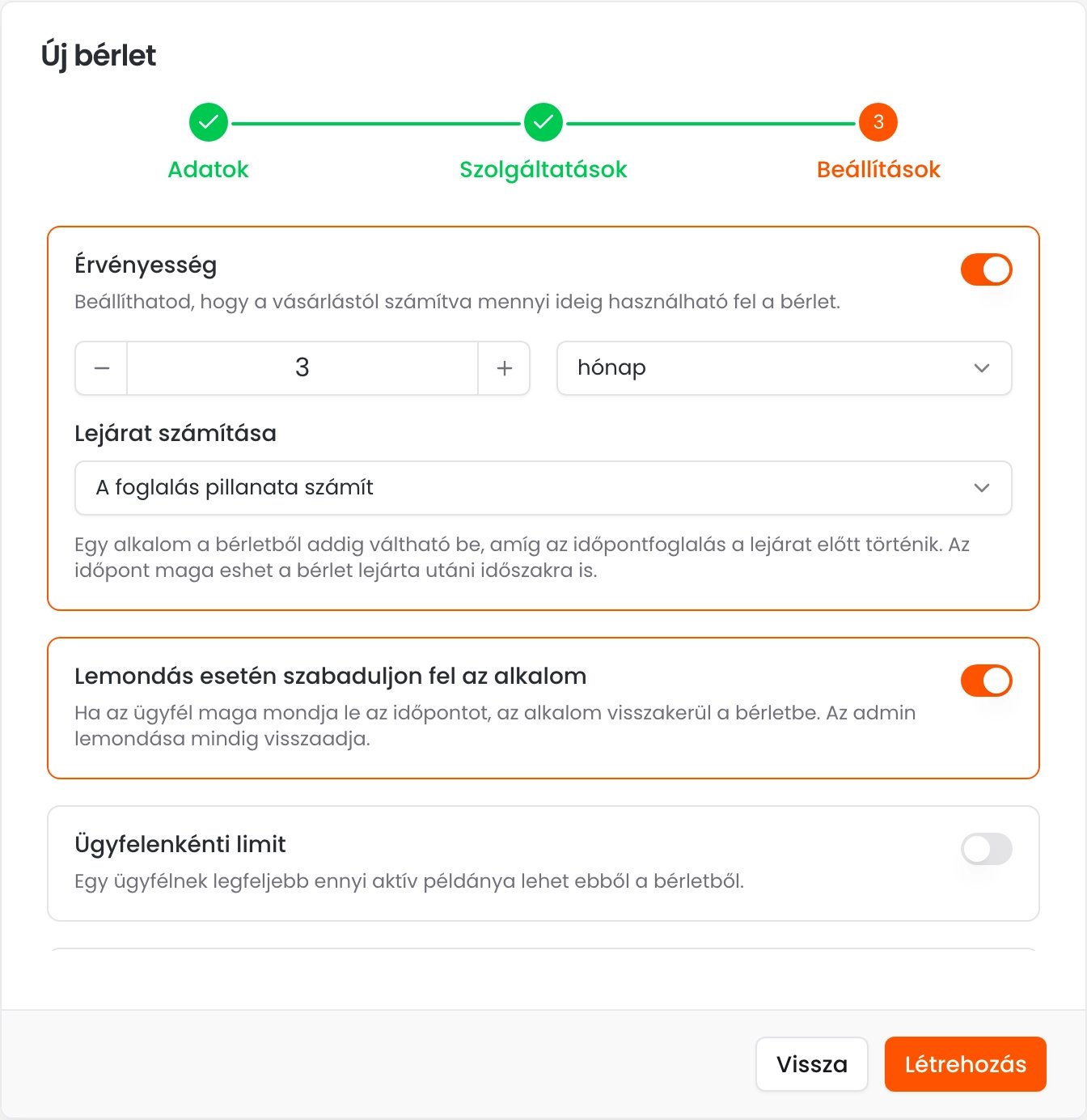 Az Új bérlet ablak Beállítások lépése a 3 hónapos érvényességgel, a lejárat számításával és a bekapcsolt Lemondás esetén szabaduljon fel az alkalom opcióval
