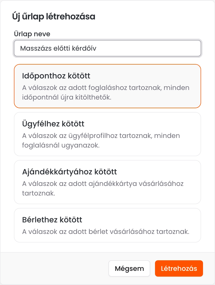 Az Új űrlap létrehozása ablak az űrlap nevével és a négy típussal: Időponthoz kötött, Ügyfélhez kötött, Ajándékkártyához kötött és Bérlethez kötött