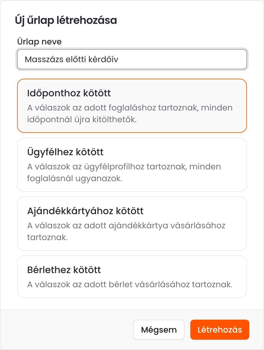 Az Új űrlap létrehozása ablak az űrlap nevével és a négy típussal: Időponthoz kötött, Ügyfélhez kötött, Ajándékkártyához kötött és Bérlethez kötött