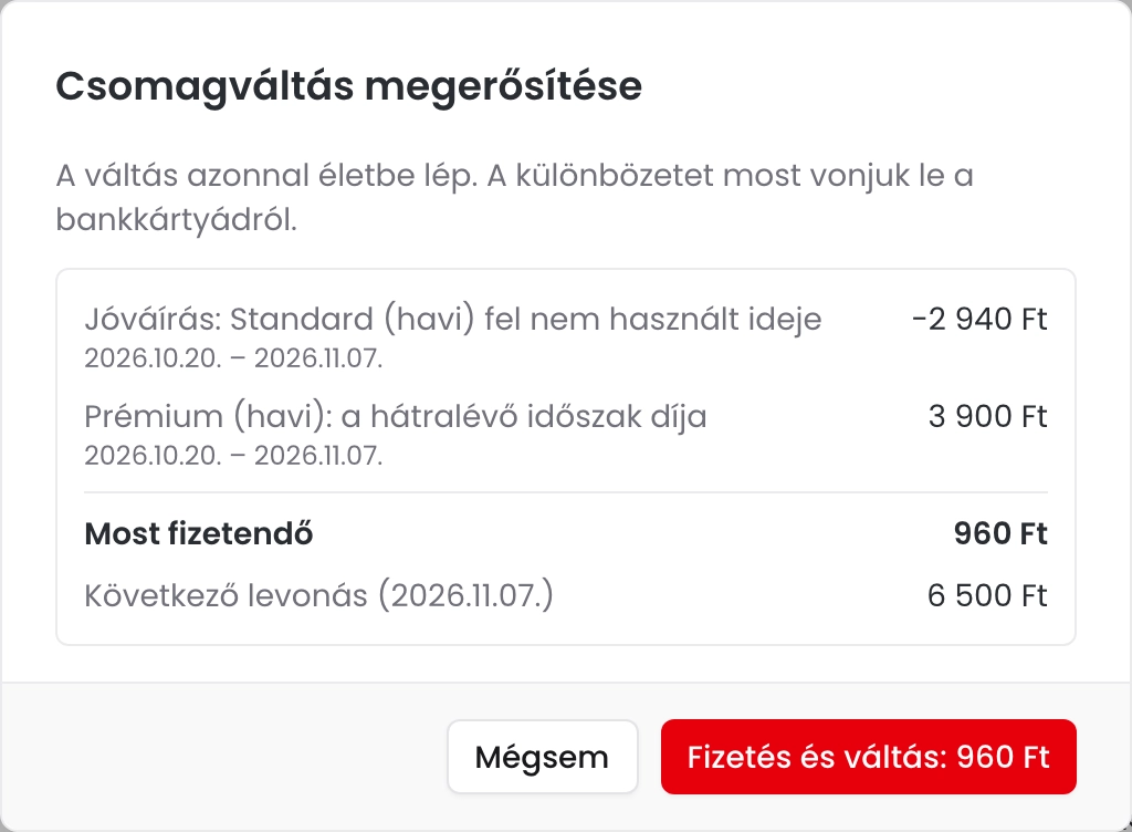 A Csomagváltás megerősítése ablak a Standard csomag fel nem használt idejének jóváírásával, a Prémium csomag hátralévő időszakának díjával, a most fizetendő összeggel és a következő levonással