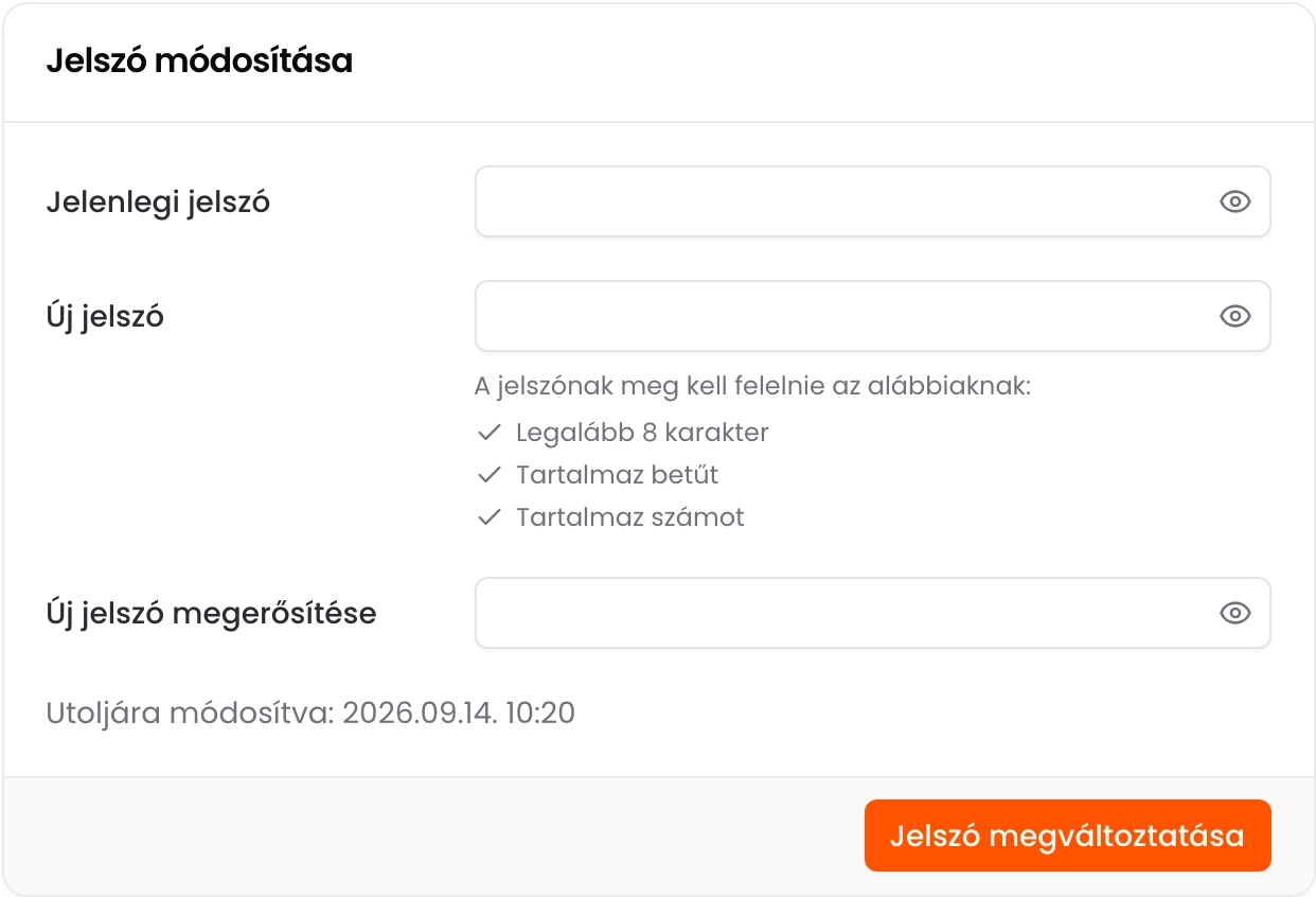 A Jelszó módosítása kártya a jelenlegi jelszó, az új jelszó és a megerősítés mezőivel, a jelszó feltételeivel és az utolsó módosítás dátumával