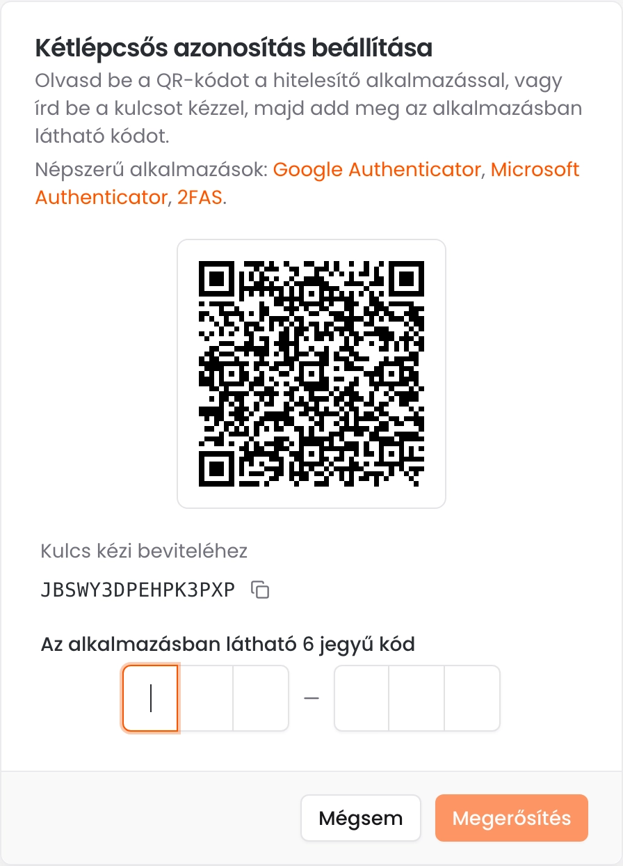 A Kétlépcsős azonosítás beállítása ablak a népszerű hitelesítő alkalmazásokkal, a QR-kóddal, a kézi beviteli kulccsal és a 6 jegyű kód mezőivel