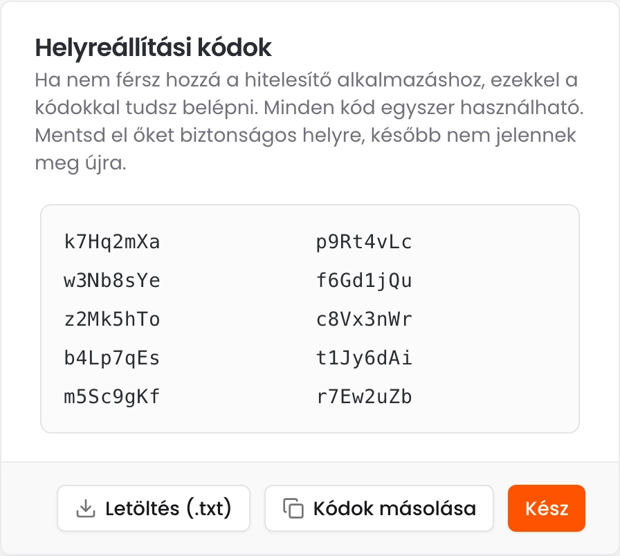 A Helyreállítási kódok ablak tíz kóddal, a Letöltés, a Kódok másolása és a Kész gombbal