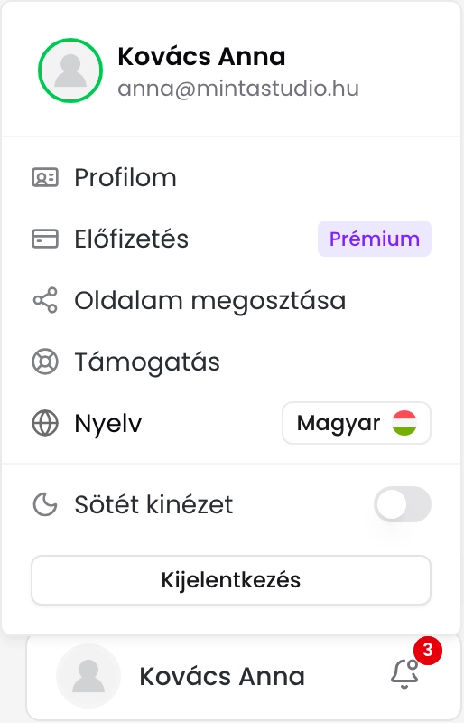 A menü alján a névre kattintva megnyíló lenyíló menü a Profilom, az Előfizetés, az Oldalam megosztása, a Támogatás és a Nyelv lehetőséggel