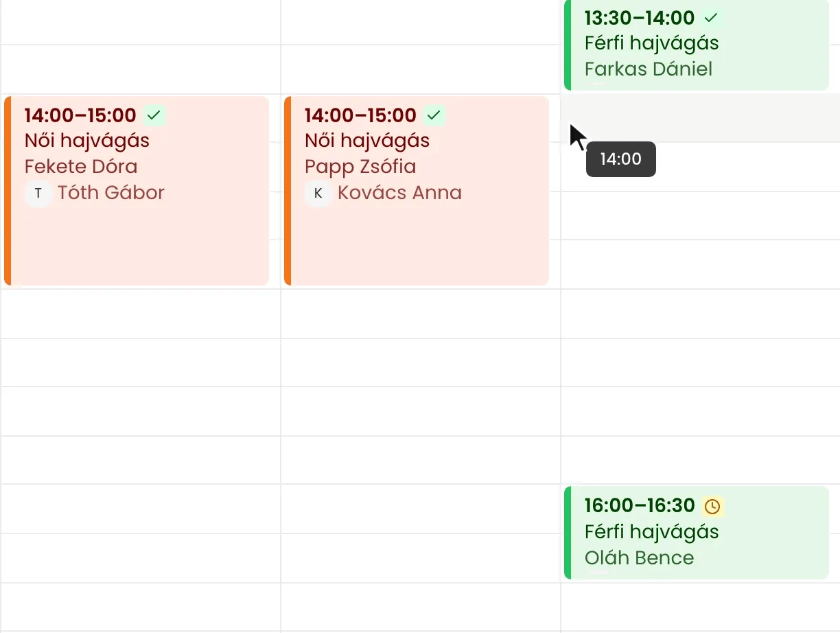 Animáció: a 14:00 és 15:00 közötti foglalás eseményét az egérrel megfogva 15:30-ra húzzuk