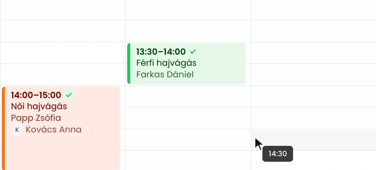 Animáció: a 13:30 és 14:00 közötti foglalás eseményének alsó szélét lefelé húzva a foglalás 14:30-ig tart