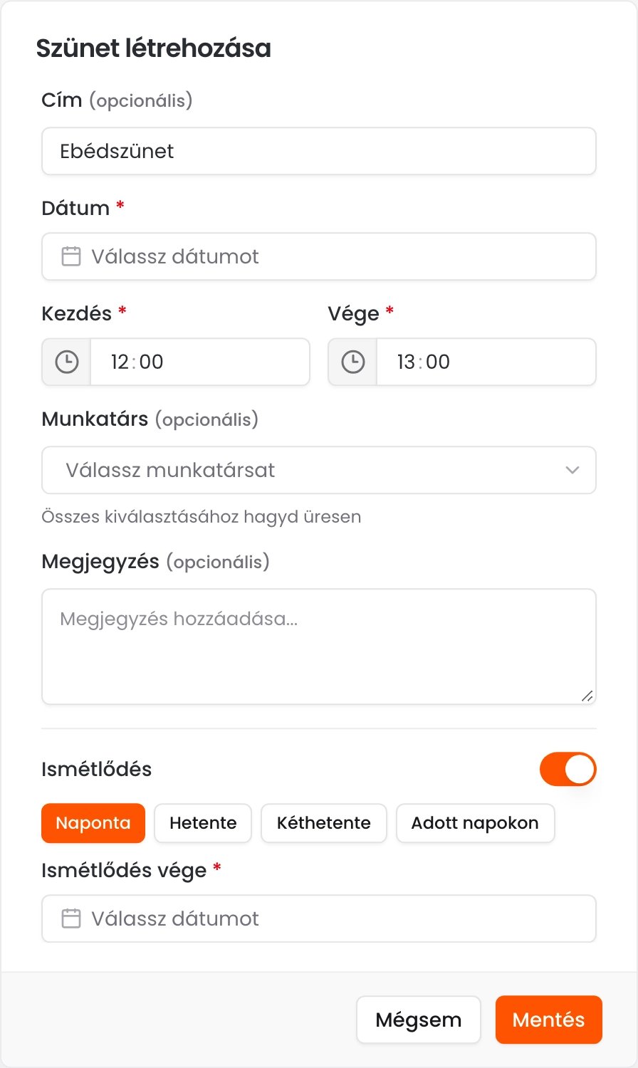 A Szünet létrehozása ablak Ebédszünet címmel, 12:00 és 13:00 közötti idővel és bekapcsolt napi ismétlődéssel