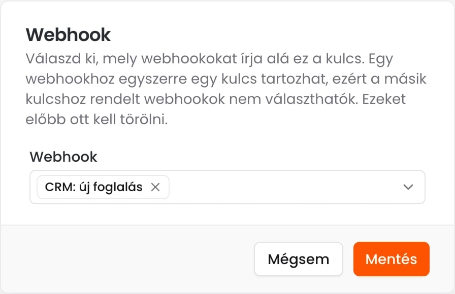 A Webhook ablak, amelyben a CRM: új foglalás webhook van kiválasztva
