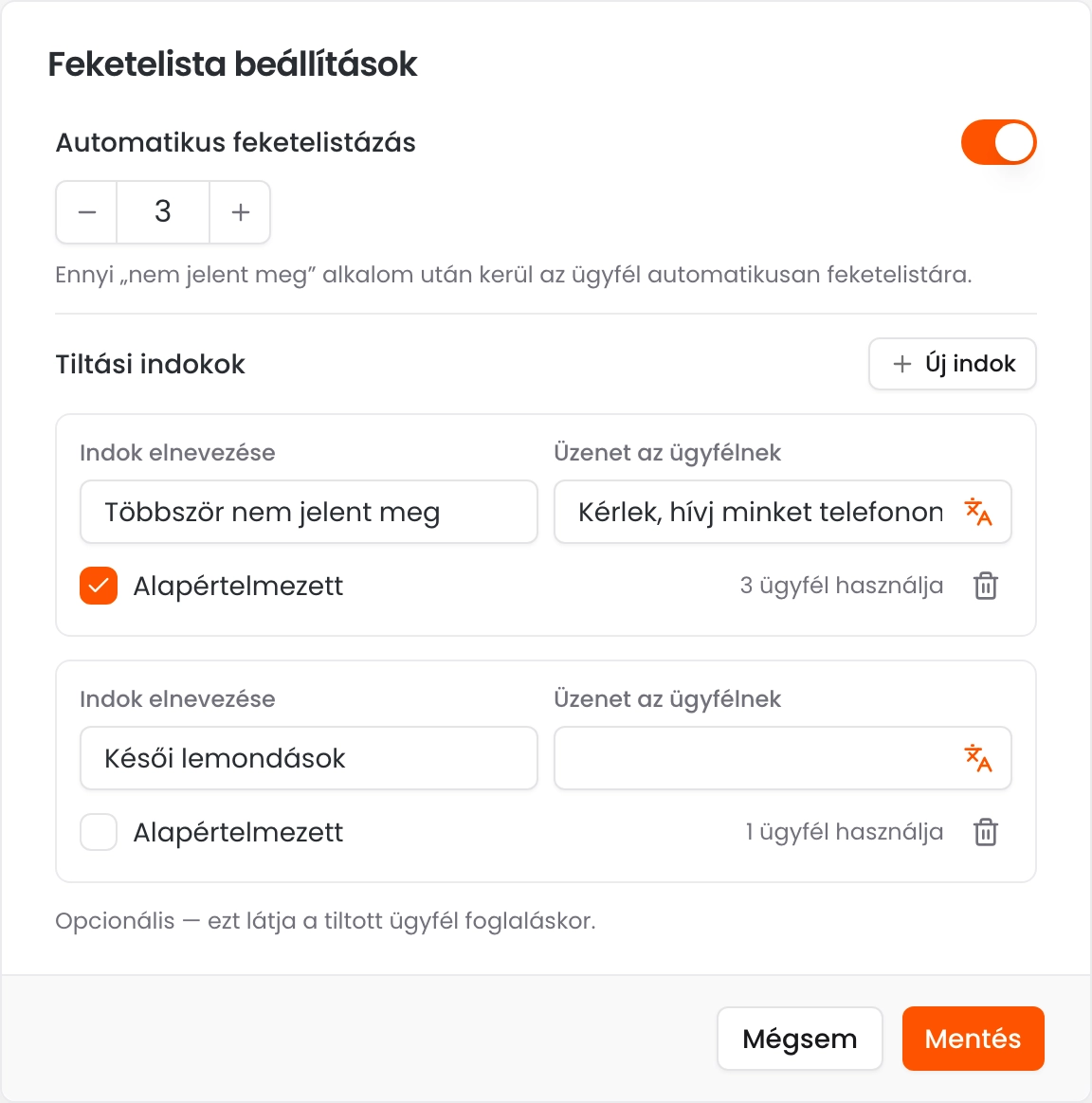 A Feketelista beállítások ablak bekapcsolt automatikus feketelistázással három alkalomnál és két tiltási indokkal