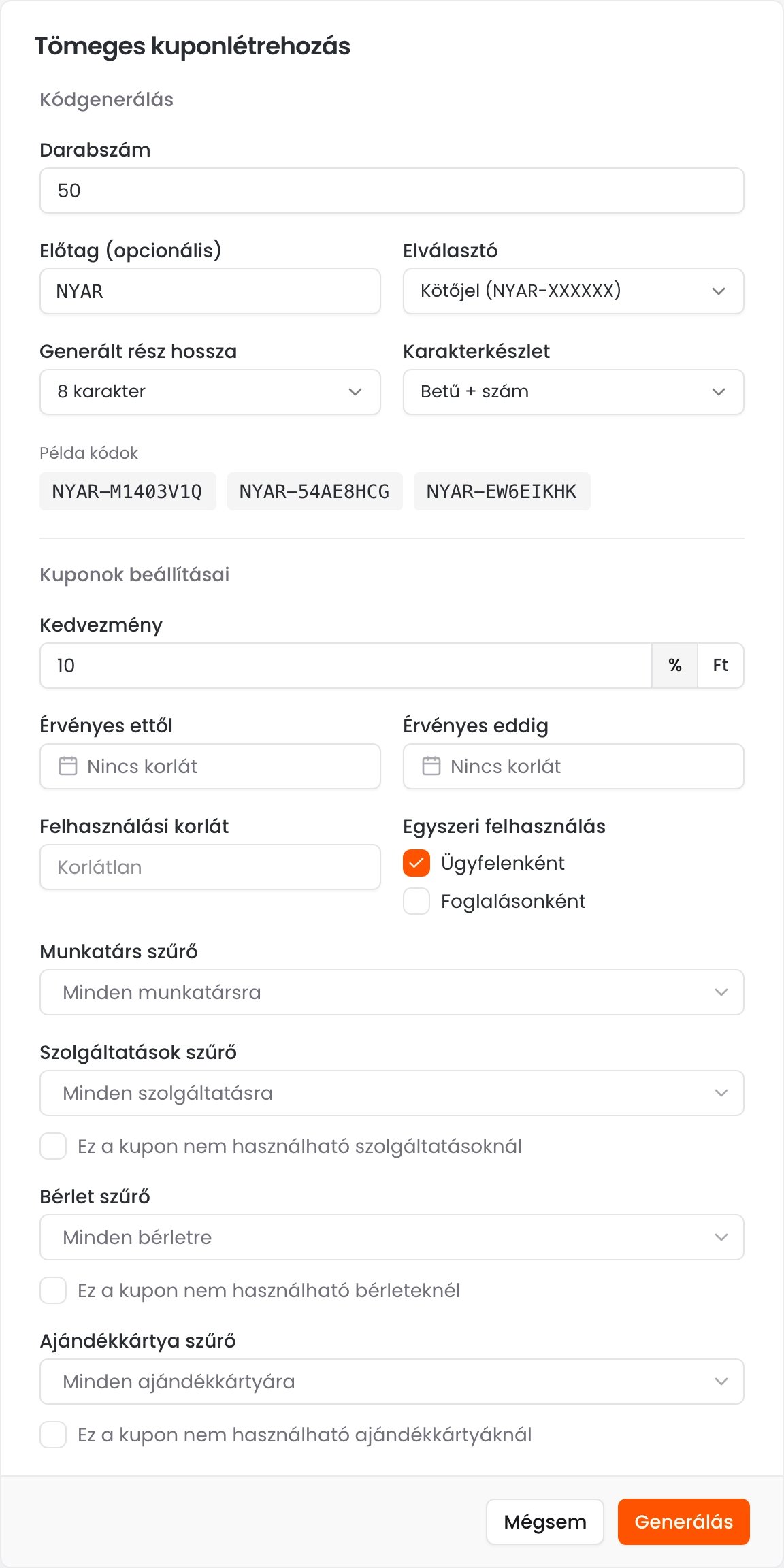 A Tömeges kuponlétrehozás ablak 50-es darabszámmal, NYAR előtaggal, a példa kódokkal és a kuponok beállításaival