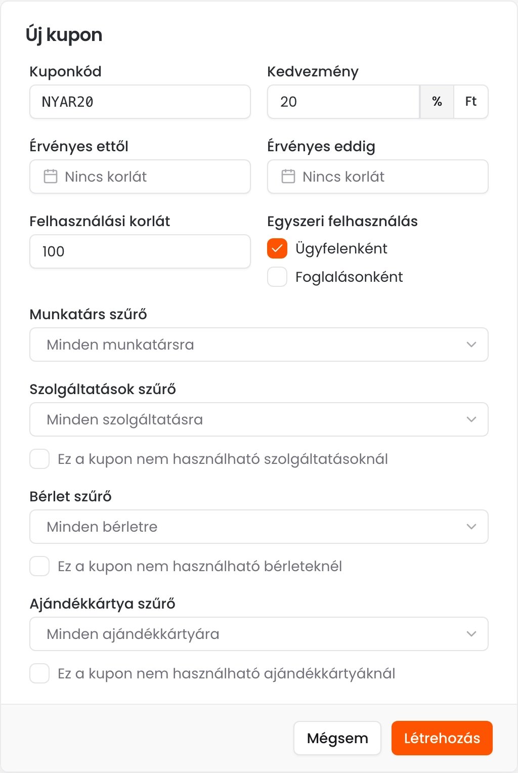Az Új kupon ablak NYAR20 kuponkóddal, 20% kedvezménnyel, 100-as felhasználási korláttal és bepipált Ügyfelenként opcióval