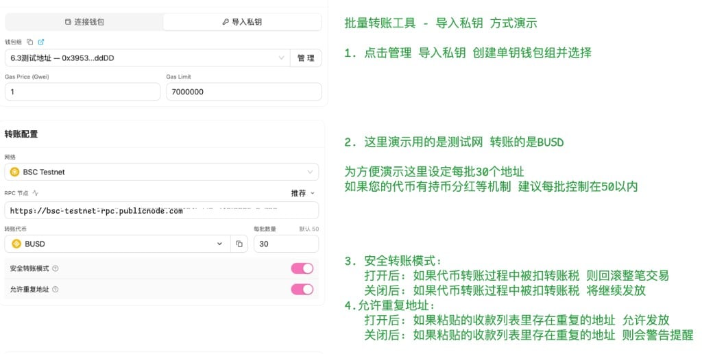 导入私钥:钱包组、Gas、网络 RPC 与转账配置
