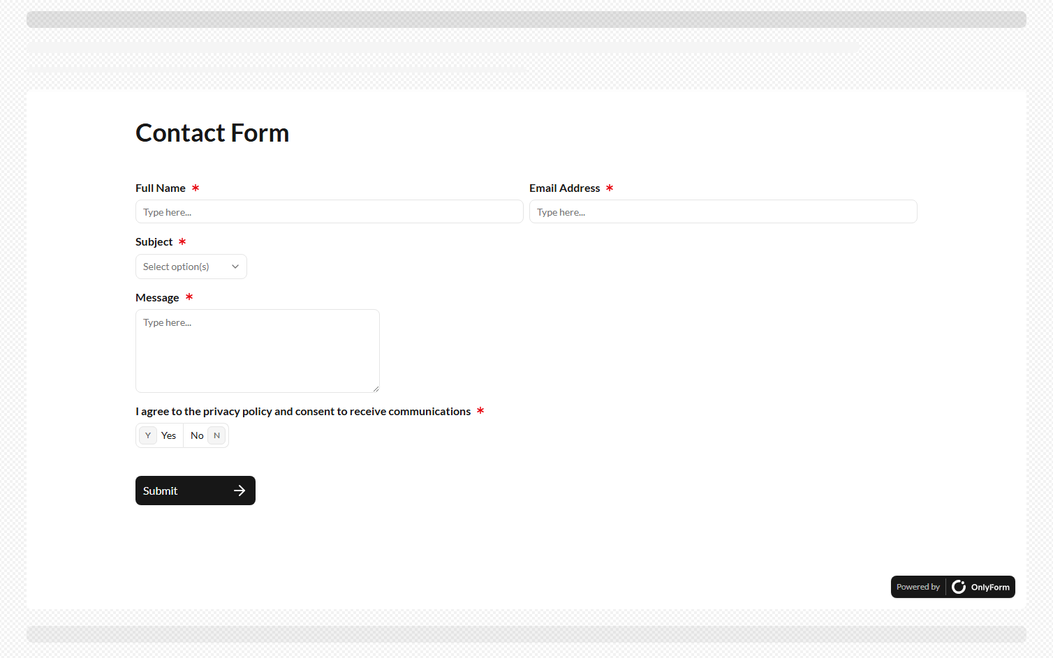 Illustration of an Onlyform form embedded inside a webpage