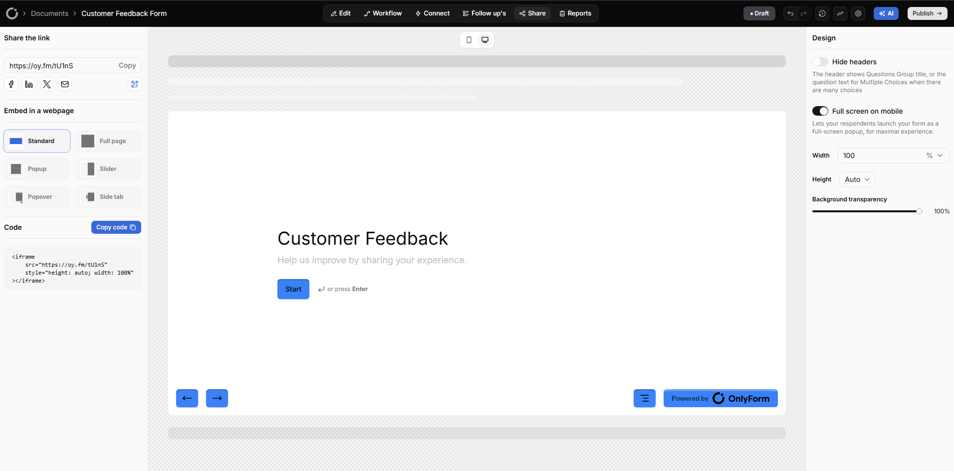 Illustration of the Onlyform Share page and embed controls
