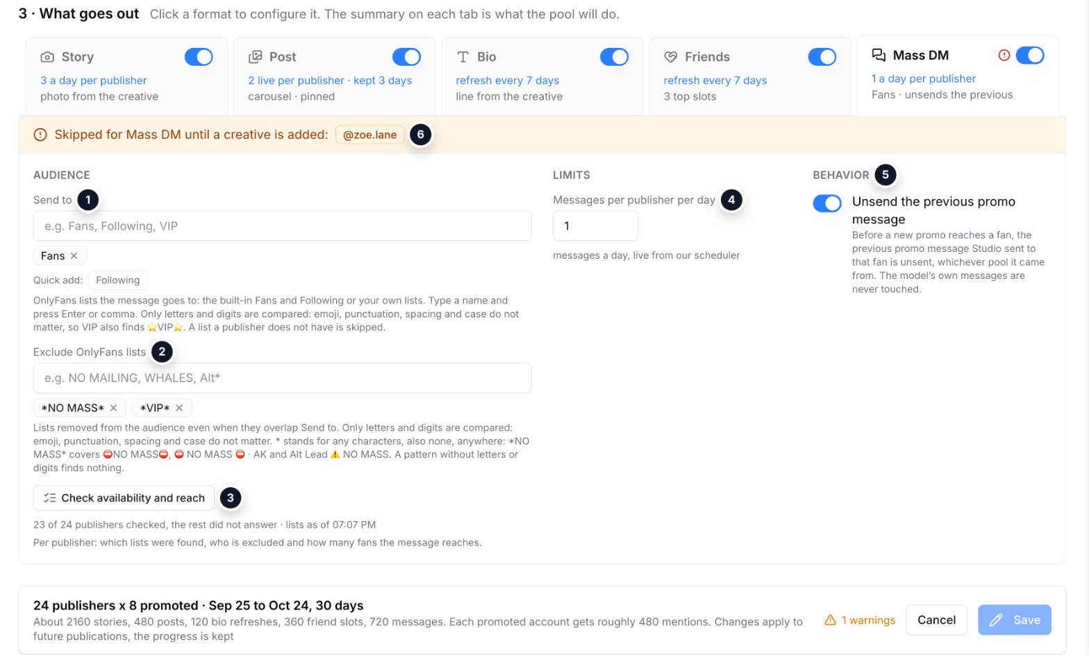 Mass DM tab: audience lists, limit, unsending and the list check button