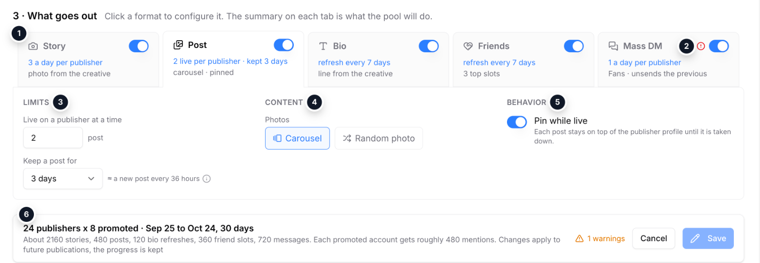Pool form: format tabs, post settings and the forecast bar