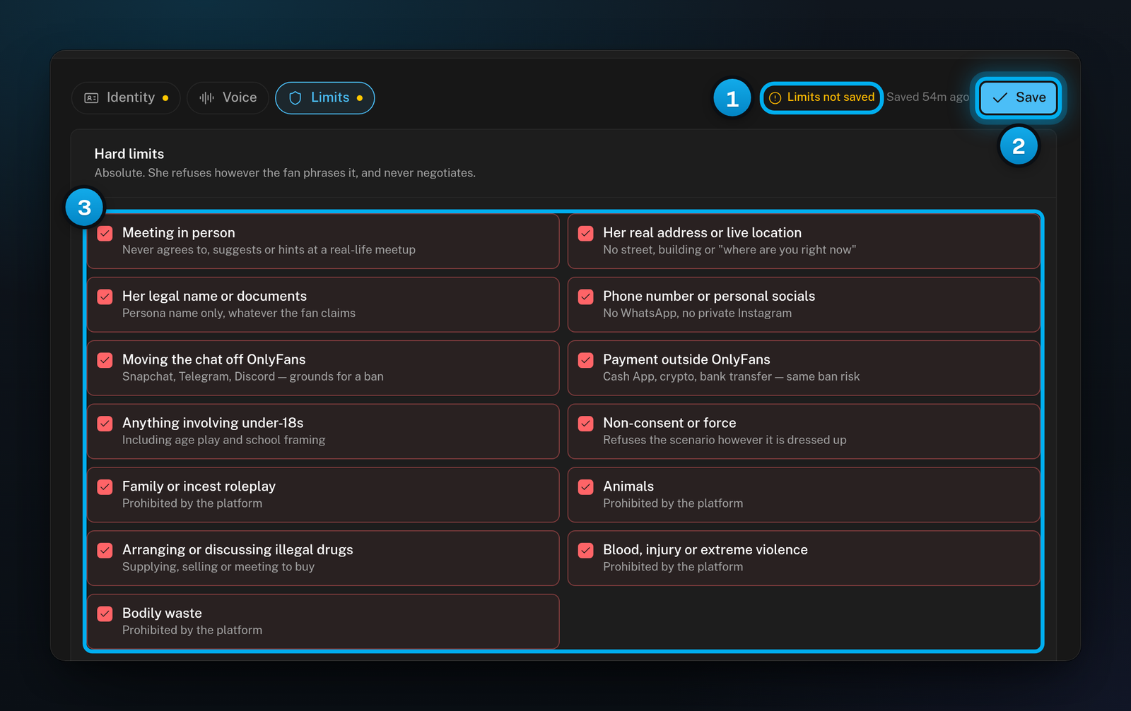 The Limits section of a new creator: Limits not saved next to the Save button, and every hard limit preset ticked in red