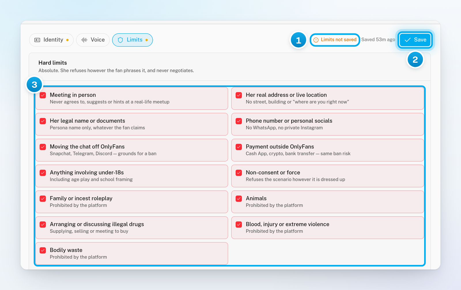 The Limits section of a new creator: Limits not saved next to the Save button, and every hard limit preset ticked in red