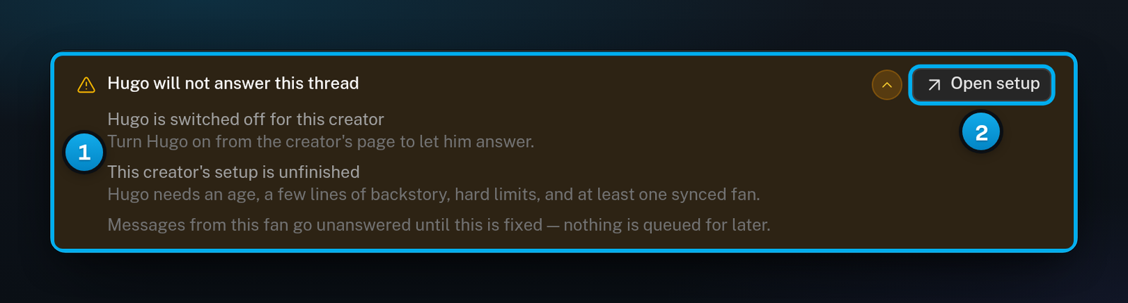 A conversation with the banner Hugo will not answer this thread, listing each reason with its fix, and the Open setup button