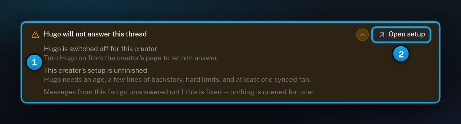 A conversation with the banner Hugo will not answer this thread, listing each reason with its fix, and the Open setup button