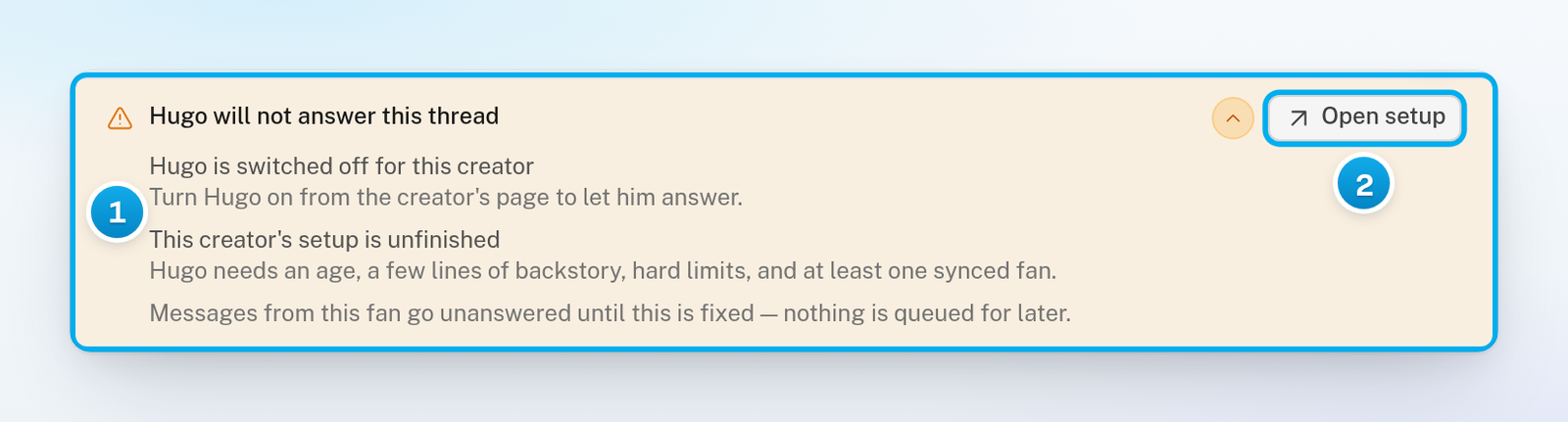 A conversation with the banner Hugo will not answer this thread, listing each reason with its fix, and the Open setup button