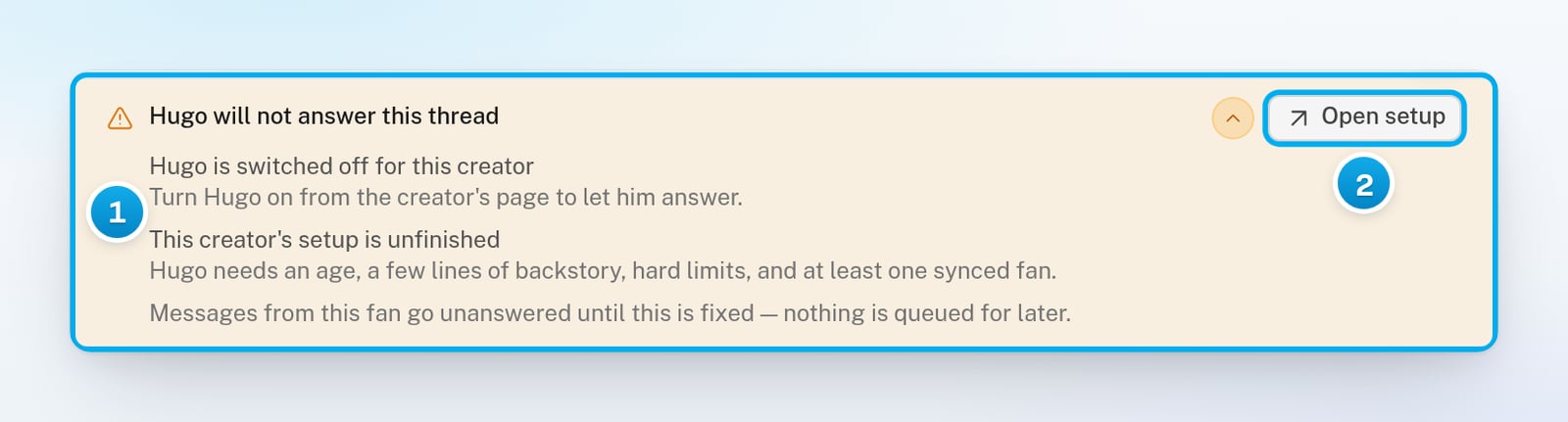 A conversation with the banner Hugo will not answer this thread, listing each reason with its fix, and the Open setup button