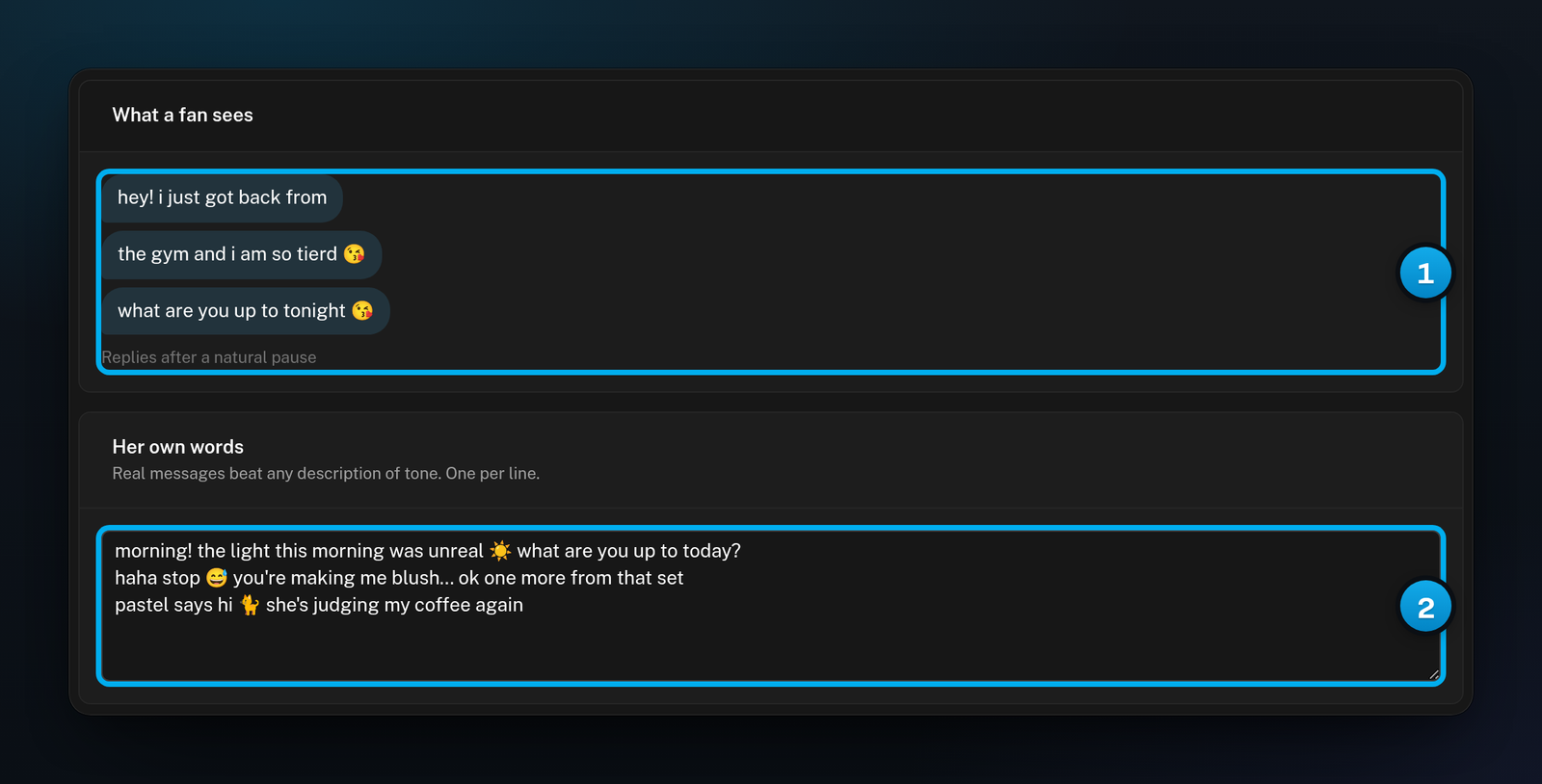 The What a fan sees preview with sample chat bubbles, and the Her own words box with three of the creator's real messages