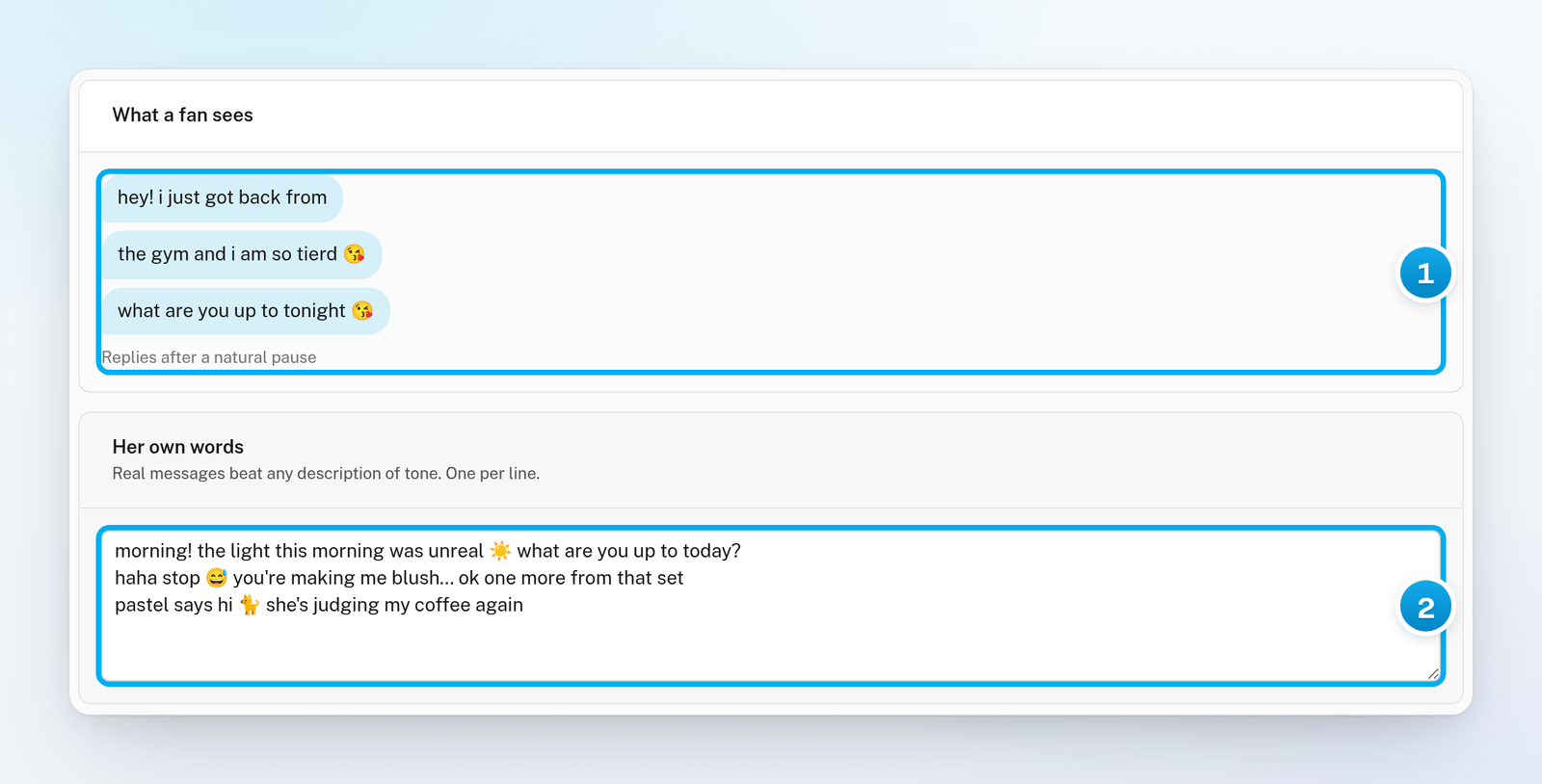 The What a fan sees preview with sample chat bubbles, and the Her own words box with three of the creator's real messages