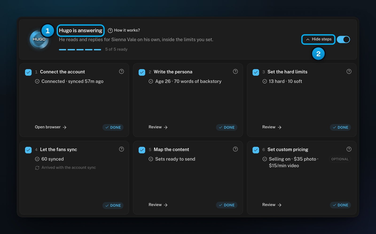 A fully set-up creator: the heading Hugo is answering, 5 of 5 ready, every step marked Done, and the Hide steps button