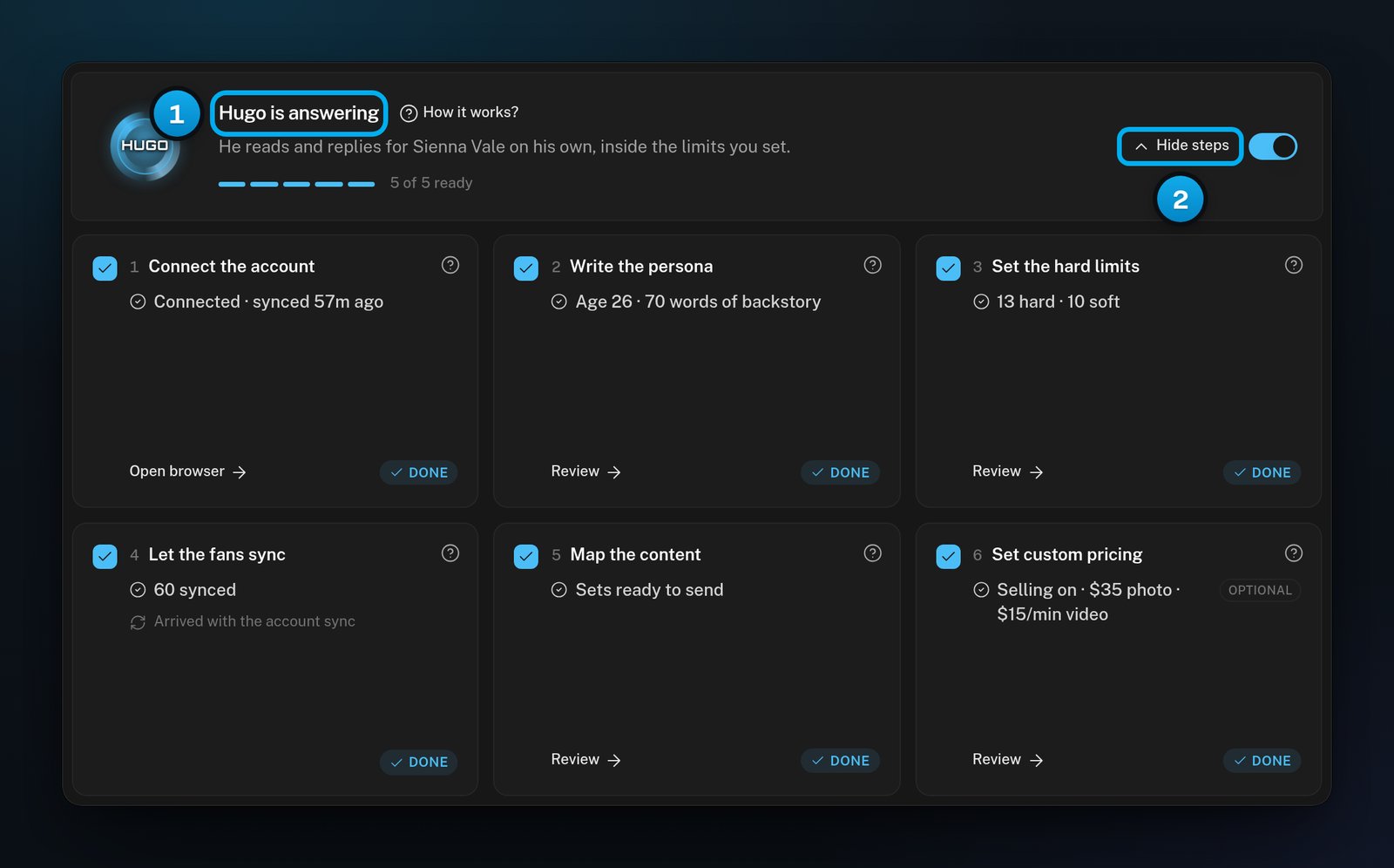 A fully set-up creator: the heading Hugo is answering, 5 of 5 ready, every step marked Done, and the Hide steps button