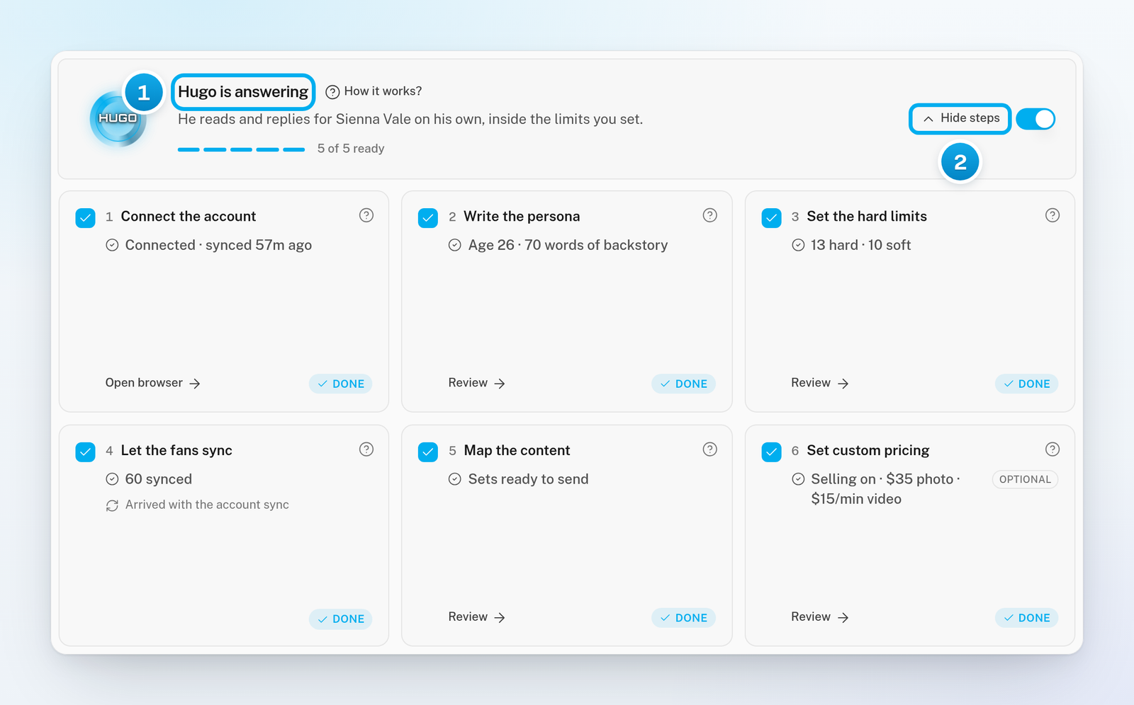 A fully set-up creator: the heading Hugo is answering, 5 of 5 ready, every step marked Done, and the Hide steps button