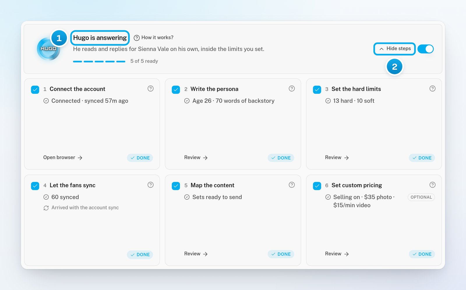 A fully set-up creator: the heading Hugo is answering, 5 of 5 ready, every step marked Done, and the Hide steps button