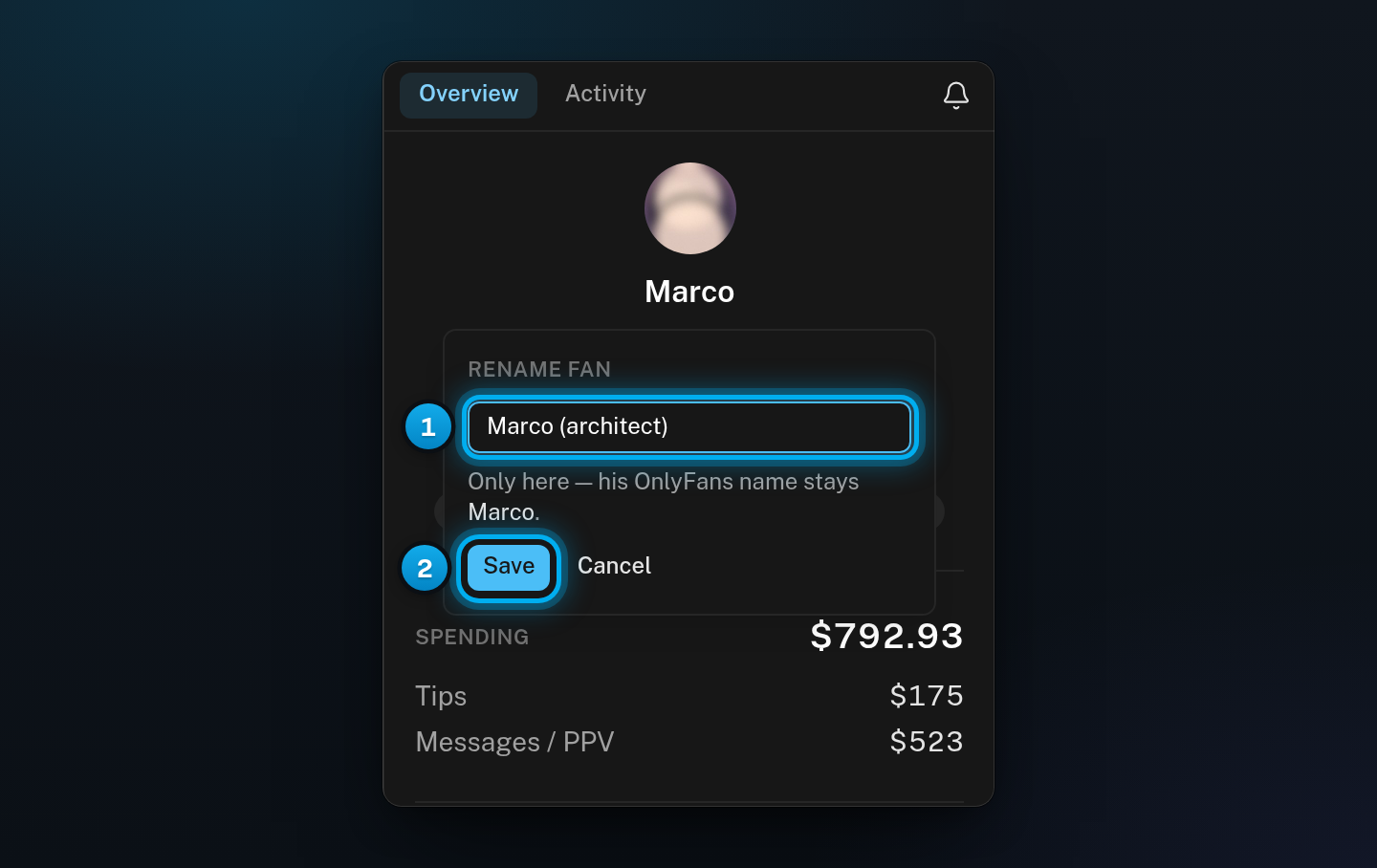 The Rename fan box open in the fan panel, with the new name typed in and the Save button