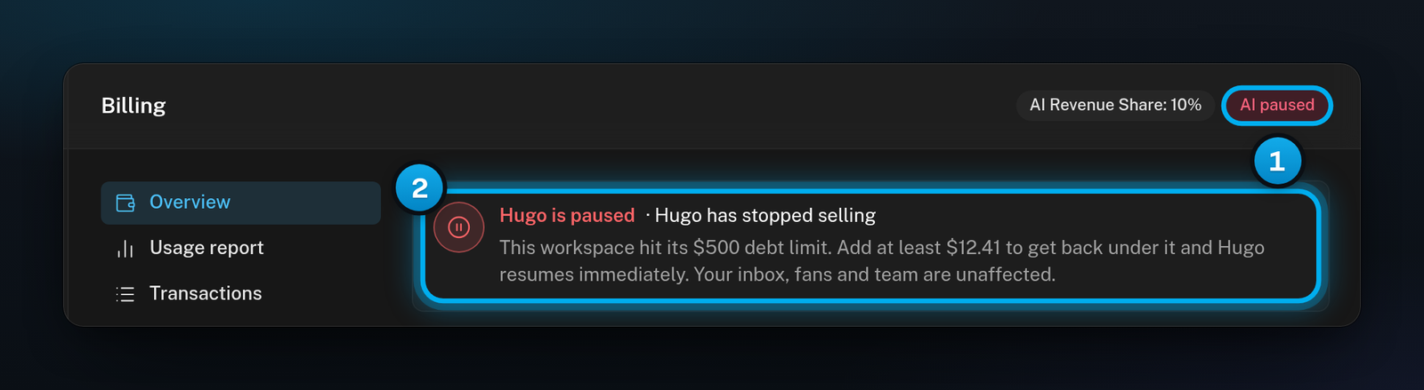 The Billing page with the AI paused chip at the top and a red status card that says Hugo is paused and how much to add