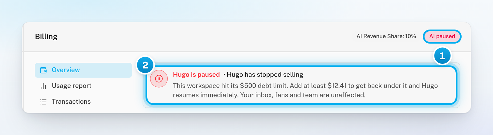 The Billing page with the AI paused chip at the top and a red status card that says Hugo is paused and how much to add